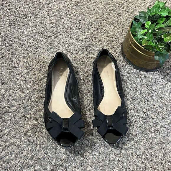 Kate Spade New York Black Peep Toe Ballet Flats Shoes Size 8.5 Patent Leather - Picture 1 of 8